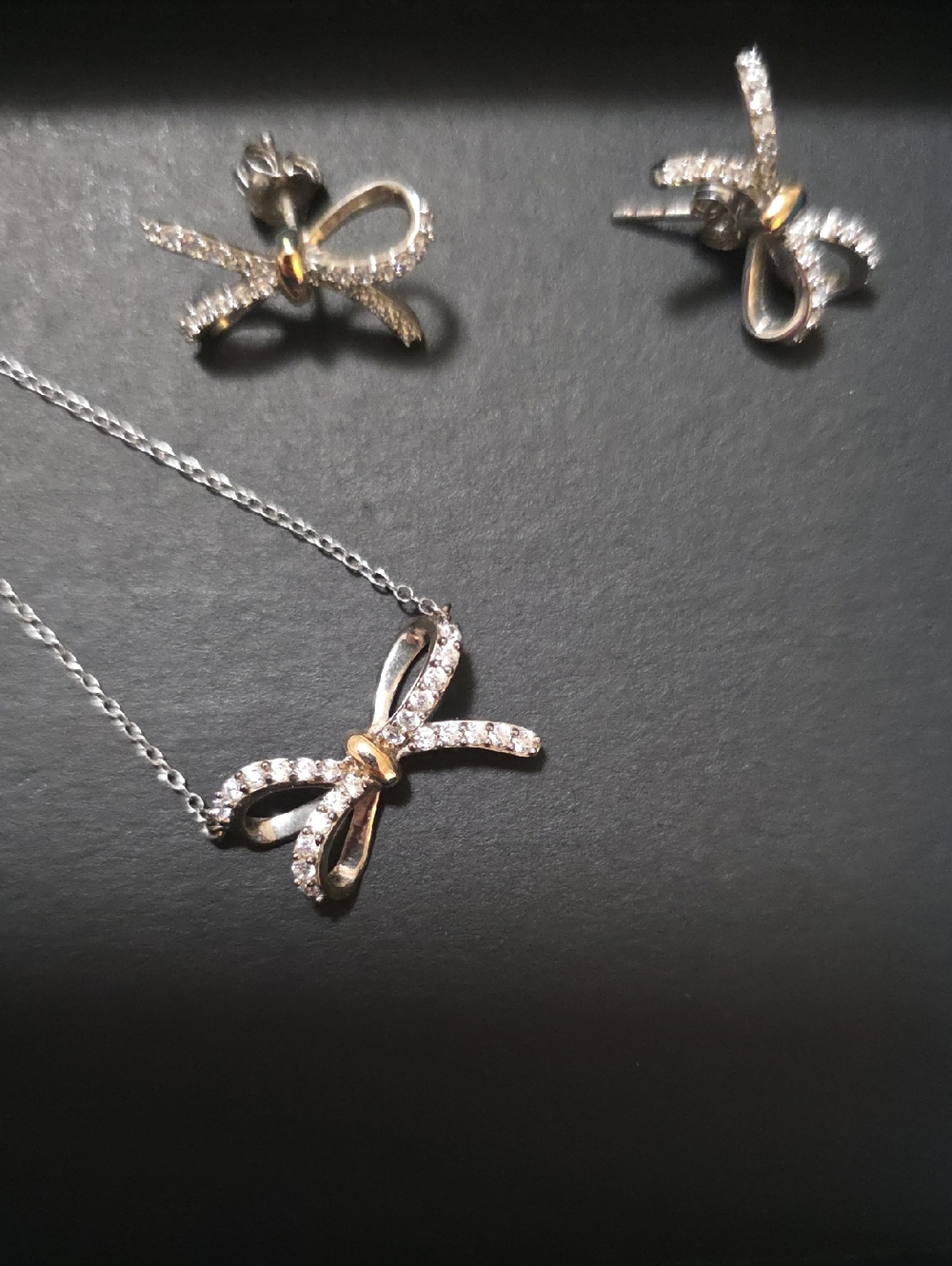 Delicate Silver Bow Pendant Necklace and Earrings Set